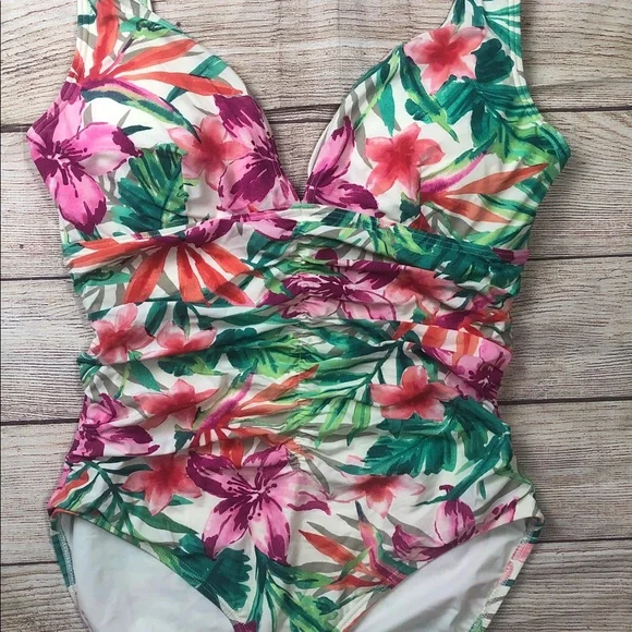 Contours by Coco Reef Tropical Floral Ruched One-Piece in Pink & Green - Picture 6 of 11